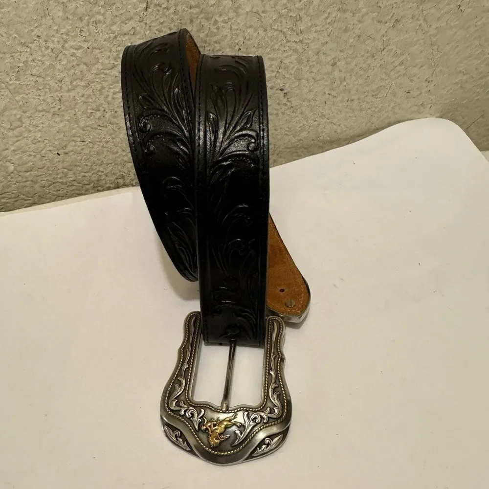 Tony Lama Black Leather Belt with Silver Buckle